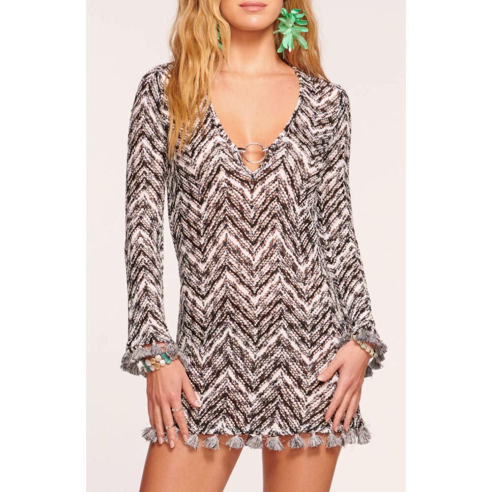Ramy Brook Cassie Metallic Space Dye Cover-Up Dress Womens L Crochet Long Sleeve